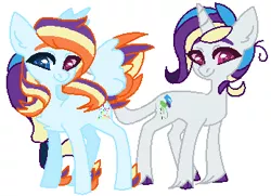 Size: 347x251 | Tagged: safe, artist:jackie-sheepwitch, derpibooru import, oc, oc:rainbow nova, oc:scarlet aurora, unofficial characters only, pegasus, pony, unicorn, colored hooves, duo, feathered fetlocks, female, heterochromia, horn, magical lesbian spawn, offspring, parent:rainbow dash, parent:rarity, parents:raridash, pegasus oc, siblings, simple background, sisters, twins, unicorn oc, unshorn fetlocks, white background, wings