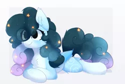 Size: 1305x882 | Tagged: safe, artist:little-sketches, derpibooru import, part of a set, oc, oc:stellar constellation, pegasus, pony, chest fluff, commission, ear fluff, ethereal mane, eye clipping through hair, female, mare, prone, simple background, solo, starry mane, two toned wings, white background, wings, ych result