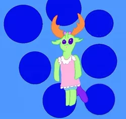 Size: 640x605 | Tagged: abstract background, artist:whistle blossom, autodesk sketchbook, bipedal, blue underwear, bow, changedling, changeling, clothes, crossdressing, cute, derpibooru import, digital art, dress, frilly dress, hair bow, king thorax, looking at you, male, :o, open mouth, panties, safe, semi-anthro, short dress, solo, standing, thorabetes, thorax, underwear