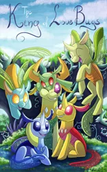 Size: 1000x1600 | Tagged: artist:racingwolf, changedling, changeling, changeling hive, cute, cuteling, derpibooru import, fanfic, fanfic art, fanfic cover, fanfic:the king of love bugs, flying, king thorax, male, oc, oc:apex, oc:calor the changeling, one eye closed, papa thorax, pony hat, safe, thorabetes, thorax, wink
