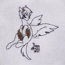 Size: 800x800 | Tagged: safe, artist:ipoloarts, derpibooru import, oc, pegasus, pony, christmas, commission, cross stitch, crossstitching, embroidery, finished commission, gold, handmade, happy new year, happy new year 2020, holiday, monochrome, needlework, solo, traditional art, ych example, ych result, your character here