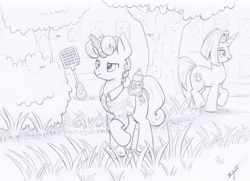 Size: 3270x2370 | Tagged: safe, artist:xeviousgreenii, derpibooru import, cayenne, oc, oc:ginger mint, pony, unicorn, atg 2020, flyswatter, grass, magic, male, monochrome, newbie artist training grounds, stallion, tree