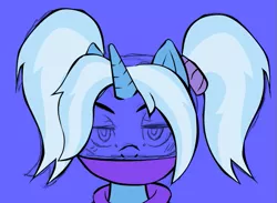 Size: 601x440 | Tagged: safe, artist:buttercupsaiyan, deleted from derpibooru, derpibooru import, trixie, pony, unicorn, alternate hairstyle, babysitter trixie, blue background, bust, clothes, female, gameloft, gameloft interpretation, hoodie, mare, simple background, solo, wip