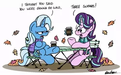 Size: 1024x637 | Tagged: safe, artist:bobthedalek, derpibooru import, starlight glimmer, trixie, pony, unicorn, autumn, chair, clothes, coffee, crossed hooves, crossed legs, cup, dialogue, duo, duo female, female, leaves, magic, mare, scarf, table, trixie is not amused, unamused