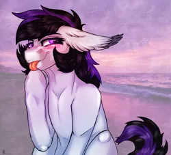 Size: 1030x934 | Tagged: safe, artist:raychelrage, derpibooru import, oc, earth pony, blushing, female, ocean, smiling, smirk, solo, tongue out