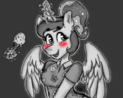Size: 1074x861 | Tagged: alicorn, anthro, art, artist:meqiopeach, between dark and dawn, blushing, clothes, cute, derpibooru import, drawing, fanart, flower, food, grayscale, holiday, horn, ice cream, ice cream cone, lunabetes, magic, mane, mint ice cream, monochrome, princess luna, safe, shirt, simple, simple background, simple shading, sketch, sketch dump, solo, sparkles, stars, wings
