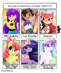 Size: 1080x1290 | Tagged: safe, artist:rivin177, derpibooru import, apple bloom, princess flurry heart, princess twilight 2.0, twilight sparkle, twilight sparkle (alicorn), alicorn, anthro, bird, earth pony, human, owl, pony, six fanarts, the last problem, :p, animal crossing, anthro with ponies, bow, celeste, clothes, crossover, crown, cutie mark, female, glitch techs, hair bow, jewelry, luz noceda, mare, miko kubota, older, older flurry heart, peytral, regalia, smiling, the cmc's cutie marks, the owl house, tongue out