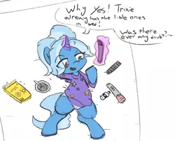 Size: 944x761 | Tagged: suggestive, artist:davierocket, derpibooru import, trixie, unicorn, alternate hairstyle, babysitter trixie, bed, cereal, cereal box, clothes, female, food, hoodie, laying on bed, lube, magic, on bed, panties, phone, ponytails, remote, sex toy, simple background, solo, solo female, text, underwear, vibrator, was there ever any doubt?