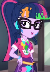 Size: 755x1080 | Tagged: safe, derpibooru import, screencap, sci-twi, twilight sparkle, equestria girls, equestria girls series, sunset's backstage pass!, spoiler:eqg series (season 2), bangs, clothes, collar, cropped, cute, female, glasses, hand on hip, indoors, lidded eyes, messy, music festival outfit, paint, ponytail, public restroom, raised eyebrow, shirt, short sleeves, skirt, smiling, talking, twiabetes, wristband