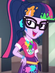 Size: 806x1080 | Tagged: safe, derpibooru import, screencap, sci-twi, twilight sparkle, equestria girls, equestria girls series, sunset's backstage pass!, spoiler:eqg series (season 2), bangs, clothes, collar, cropped, cute, female, glasses, hand on hip, indoors, lidded eyes, messy, music festival outfit, paint, ponytail, public restroom, raised eyebrow, shirt, short sleeves, skirt, smiling, talking, twiabetes