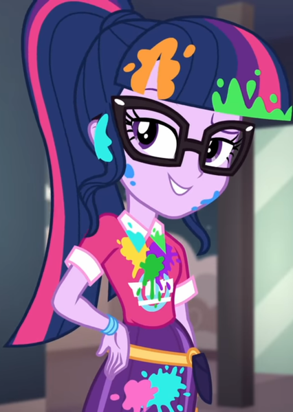 Size: 767x1080 | Tagged: safe, derpibooru import, screencap, sci-twi, twilight sparkle, equestria girls, equestria girls series, sunset's backstage pass!, spoiler:eqg series (season 2), bangs, clothes, collar, cropped, cute, female, glasses, hand on hip, lidded eyes, messy, music festival outfit, paint, ponytail, raised eyebrow, shirt, short sleeves, skirt, smiling, talking, twiabetes