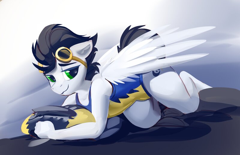 Size: 2048x1326 | Tagged: all fours, anthro, artist:dimfann, artist:yoditax, bedroom eyes, clothes, colored, crossdressing, crotch bulge, derpibooru import, femboy, goggles, looking at you, lying down, male, one-piece swimsuit, pegasus, soarin', solo, solo male, suggestive, swimming goggles, swimsuit, unguligrade anthro