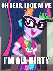 Size: 600x804 | Tagged: suggestive, derpibooru import, edit, edited screencap, screencap, sci-twi, twilight sparkle, equestria girls, equestria girls series, sunset's backstage pass!, spoiler:eqg series (season 2), bangs, caption, clothes, collar, cropped, cute, dirty, dirty talk, female, glasses, hand on hip, image macro, indoors, lidded eyes, messy, music festival outfit, paint, ponytail, public restroom, raised eyebrow, shirt, short sleeves, skirt, smiling, talking, text, twiabetes
