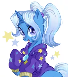 Size: 958x1080 | Tagged: safe, artist:toroitimu, derpibooru import, trixie, pony, unicorn, alternate hairstyle, babysitter trixie, clothes, cute, diatrixes, female, gameloft, gameloft interpretation, hoodie, jacket, looking at you, mare, open mouth, pigtails, simple background, solo, starry eyes, stars, twintails, white background, wingding eyes