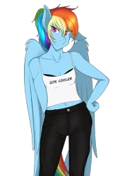 Size: 1280x1781 | Tagged: 20% cooler, anthro, artist:bravejockey, breasts, clothes, delicious flat chest, derpibooru import, pants, pegasus, rainbow dash, rainbow flat, safe, simple background, solo, tanktop, transparent background