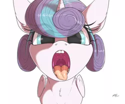 Size: 4000x3334 | Tagged: suggestive, artist:azerta56, derpibooru import, princess flurry heart, alicorn, pony, drool, epiglottis, esophagus, female, filly, filly pred, gap teeth, gullet, imminent vore, maw, mawshot, open mouth, oral invitation, salivating, simple background, slimy, solo, taste buds, tongue out, uvula, white background