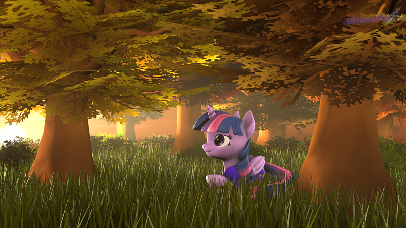 Size: 2560x1440 | Tagged: safe, artist:melodiousmarci, derpibooru import, twilight sparkle, twilight sparkle (alicorn), alicorn, pony, 3d, artist training grounds 2020, atg 2020, autumn, clothes, dress, female, folded wings, grass, lying down, mare, newbie artist training grounds, revamped ponies, smiling, solo, source filmmaker, sunset, tree, wings