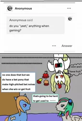 Size: 860x1266 | Tagged: safe, artist:ask-luciavampire, derpibooru import, oc, oc:neon vibe, bat pony, earth pony, pegasus, pony, tumblr:ask-the-pony-gamers, ask, fruit, game, tumblr