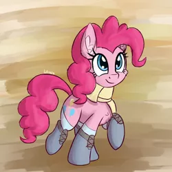 Size: 1300x1300 | Tagged: safe, artist:litrojia, derpibooru import, pinkie pie, earth pony, pony, abstract background, atg 2020, autumn, boots, cheek fluff, chest fluff, clothes, cute, diapinkes, ear fluff, female, mare, newbie artist training grounds, raised hoof, raised leg, scarf, shoes, smiling, socks, solo