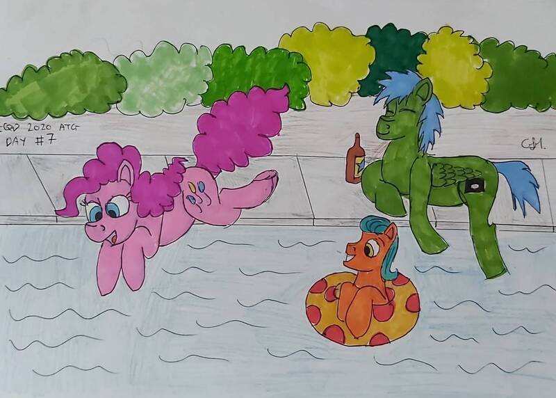 Size: 1202x860 | Tagged: artist:rapidsnap, cute, derpibooru import, diapinkes, eyes closed, newcastle brown ale, oc, ocbetes, oc:rapidsnap, pinkie pie, relaxing, safe, swimming pool, traditional art, trio