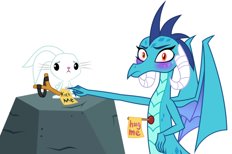 Size: 7000x4645 | Tagged: angel bunny, artist:kmlp, blushing, derpibooru import, dragon, kick me, looking at you, princess ember, safe, simple background, slingshot, toilet plunger, transparent background, vector