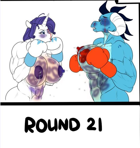 Size: 720x761 | Tagged: questionable, artist:hellbridge, derpibooru import, edit, princess ember, rarity, anthro, dragon, unicorn, big breasts, black eye, bleeding, blood, boxing, boxing gloves, breasts, bruised, busty princess ember, busty rarity, cropped, determined, dragoness, exhausted, female, fight, fighting stance, foxy boxing, gritted teeth, huge breasts, lactation, mare, messy mane, milk, muscles, muscular female, nipples, nudity, princess embroids, ripped rarity, sports, sweat, technicolor nipples