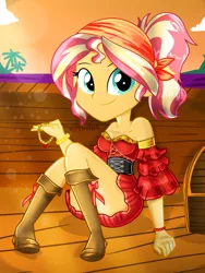 Size: 1800x2400 | Tagged: safe, artist:artmlpk, derpibooru import, sunset shimmer, equestria girls, adorable face, adorasexy, adorkable, alternate hairstyle, bandana, bare chest, bare shoulders, beautiful, boots, chest, clothes, corset, costume, cute, design, digital art, dork, female, island, jewelry, looking at you, ocean, outfit, pirate, pirate ship, pirate sunset, ponytail, schrödinger's pantsu, sexy, shimmer me timbers, shimmerbetes, shoes, sitting, skirt, smiling, smiling at you, solo, stupid sexy sunset shimmer, sunset, treasure chest, tresure chest, upskirt denied, water, watermark