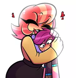 Size: 1000x1032 | Tagged: safe, artist:nelljoestar, derpibooru import, aunt holiday, scootaloo, equestria girls, big breasts, blushing, boob smothering, breasts, busty aunt holiday, commission, duo, eyes closed, hug, implied lesbian, scootalove, simple background, smothering, white background