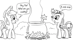 Size: 1200x675 | Tagged: safe, artist:pony-berserker, derpibooru import, part of a set, applejack, rarity, crab, earth pony, giant crab, pony, unicorn, 2020, black and white, bush, cauldron, cooking, cooking pot, crab soup, dialogue, duo, english, fire, food, grayscale, ladle, monochrome, open mouth, outdoors, pun, rarity fighting a giant crab, simple background, soup, speech bubble, standing, steam, talking, walking, white background, wood