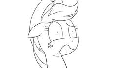 Size: 1200x675 | Tagged: safe, artist:pony-berserker, derpibooru import, part of a set, applejack, earth pony, pony, 2020, black and white, frown, grayscale, monochrome, reaction, reaction image, simple background, solo, weirded out, white background