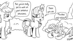 Size: 1200x675 | Tagged: safe, artist:pony-berserker, derpibooru import, part of a set, applejack, rarity, crab, earth pony, giant crab, pony, unicorn, 2020, black and white, bowl, bush, cooking pot, crab soup, descriptive noise, dialogue, duo, english, eyes closed, fire, food, grayscale, lidded eyes, monochrome, open mouth, outdoors, pot, pun, punchline, simple background, soup, speech bubble, standing, talking, white background, wood