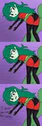Size: 697x2093 | Tagged: suggestive, artist:gmaplay, derpibooru import, editor:bandgeek32, wallflower blush, oc, oc:anon, equestria girls, ass, boots, butt, carrying, clothes, comic strip, cosplay, costume, hostage, over the shoulder, shoes, spandex, the incredibles, thigh boots, tight clothing, unamused, wallflower butt