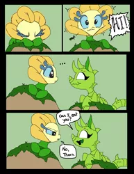 Size: 2056x2664 | Tagged: artist:smirk, comic, cute, derpibooru import, dialogue, duo, foal, ms paint, oc, oc:goldie, oc:thorn, original species, plant, plant pony, safe, unofficial characters only