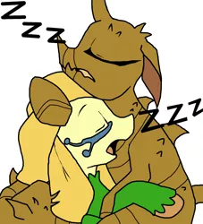 Size: 1720x1892 | Tagged: artist:smirk, couple, cuddling, cute, derpibooru import, duo, eyes closed, ms paint, oc, oc:goldie, oc:thorn, onomatopoeia, original species, plant, plant pony, safe, sleeping, sound effects, unofficial characters only, zzz