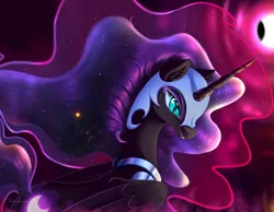 Size: 4188x3250 | Tagged: safe, artist:darksly, derpibooru import, nightmare moon, alicorn, pony, absurd resolution, blue eyes, digital art, ethereal mane, eyelashes, female, flowing mane, flowing tail, helmet, horn, jewelry, mare, moon, open mouth, peytral, regalia, signature, slit pupils, smiling, solo, space, starry mane, stars, wings