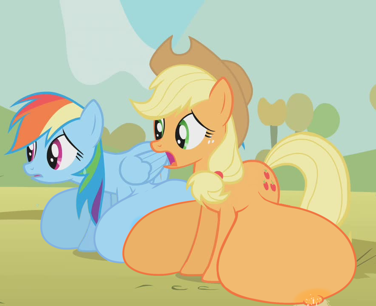 Size: 886x720 | Tagged: questionable, artist:mrweirdo, derpibooru import, edit, edited screencap, screencap, applejack, rainbow dash, earth pony, pegasus, fall weather friends, big crotchboobs, cropped, crotchboobs, crotchboobs on floor, duo, duo female, female, females only, huge crotchboobs, hyper, hyper crotchboobs, impossibly large crotchboobs, lactation, mare, milk, nipples, nudity