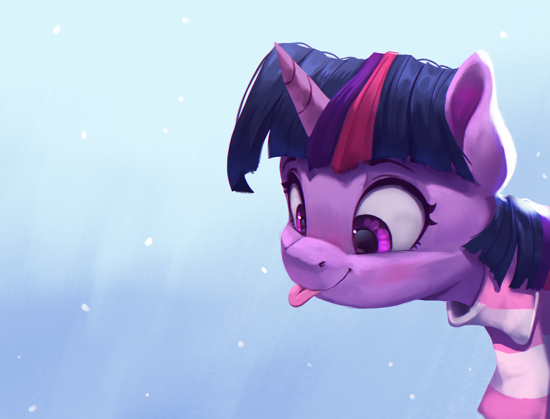 Size: 2150x1637 | Tagged: safe, artist:vanillaghosties, derpibooru import, twilight sparkle, pony, :p, atg 2020, blue background, blushing, clothes, cross-eyed, cute, digital art, female, gradient background, mare, newbie artist training grounds, scarf, simple background, smiling, snow, snowflake, solo, striped scarf, tongue out, twiabetes