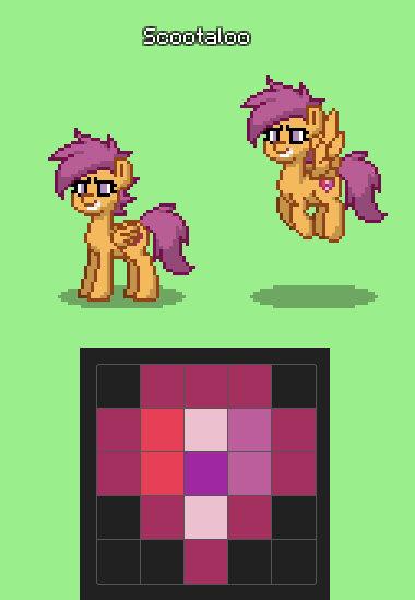 Size: 380x549 | Tagged: safe, derpibooru import, scootaloo, pegasus, pony, pony town, cutie mark, female, flying, folded wings, food, green, green background, grin, mare, older, older scootaloo, orange, orange coat, pixel art, purple, purple eyes, purple mane, purple tail, red, scootaloo can fly, shadow, simple background, smiling, solo, spread wings, sprite, teeth, the cmc's cutie marks, wings