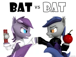 Size: 1280x950 | Tagged: safe, artist:batponyecho, derpibooru import, oc, oc:echo, oc:violet rose, unofficial characters only, bat pony, pony, 3d, bat pony oc, bat wings, bomb, clothes, duo, dynamite, explosives, female, mad magazine, mare, parody, sfm pony, shaking, simple background, source filmmaker, spy vs. spy, tail, tnt, weapon, white background, wings