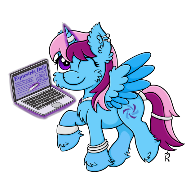 Size: 2500x2500 | Tagged: safe, artist:dawn-designs-art, derpibooru import, oc, oc:parcly taxel, unofficial characters only, alicorn, pony, blue coat, cheek fluff, chest fluff, computer, ear fluff, ear piercing, earring, happy, jewelry, laptop computer, levitation, magic, one eye closed, piercing, pink mane, purple eyes, simple background, solo, telekinesis, transparent background, walking, wink