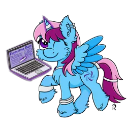 Size: 2500x2500 | Tagged: safe, artist:dawn-designs-art, derpibooru import, oc, oc:parcly taxel, unofficial characters only, alicorn, pony, blue coat, cheek fluff, chest fluff, computer, ear fluff, ear piercing, earring, happy, jewelry, laptop computer, levitation, magic, one eye closed, piercing, pink mane, purple eyes, simple background, solo, telekinesis, transparent background, walking, wink