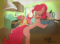 Size: 4096x3047 | Tagged: safe, artist:gryphon bbq, derpibooru import, li'l cheese, pinkie pie, earth pony, pony, the last problem, baking, batter, bipedal, bipedal leaning, bowl, colt, duo, egg, female, flour, food, hoof hold, kitchen, leaning, male, mare, missing cutie mark, mixing bowl, mother and child, mother and son, muffin, no pupils, one eye closed, oven, oven mitts, stove, whisk