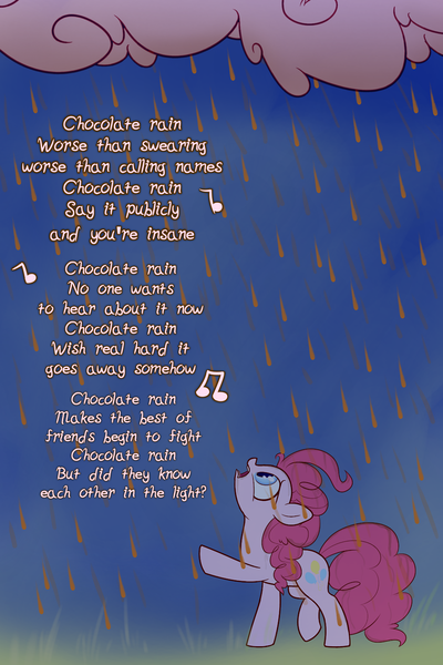 Size: 1400x2100 | Tagged: safe, artist:heir-of-rick, derpibooru import, pinkie pie, earth pony, pony, chocolate, chocolate rain, cloud, female, food, lyrics, mare, music notes, rain, raised hoof, singing, solo, song reference, tay zonday, text