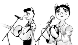 Size: 1046x612 | Tagged: safe, artist:cyanoger, derpibooru import, oc, ponified, unofficial characters only, pony, clothes, guitar, hair, looking at you, microphone, monochrome, musical instrument, singing, smiling, smiling at you