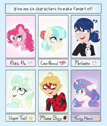 Size: 1080x1264 | Tagged: safe, artist:x_moondancer, derpibooru import, coco pommel, pinkie pie, princess flurry heart, vapor trail, alicorn, earth pony, human, pegasus, pony, six fanarts, adrien agreste, bust, chest fluff, clothes, cocobetes, costume, crossover, cute, diapinkes, eyelashes, female, flurrybetes, grin, looking up, male, mare, marinette dupain-cheng, mask, miraculous ladybug, open mouth, smiling, vaporbetes
