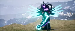 Size: 3840x1620 | Tagged: safe, artist:phoenixtm, derpibooru import, oc, oc:phoenix stardash, cyborg, dracony, dragon, hybrid, pony, 3d, crown, dracony alicorn, jewelry, mountain, mountain range, regalia, spread wings, unreal engine, wings