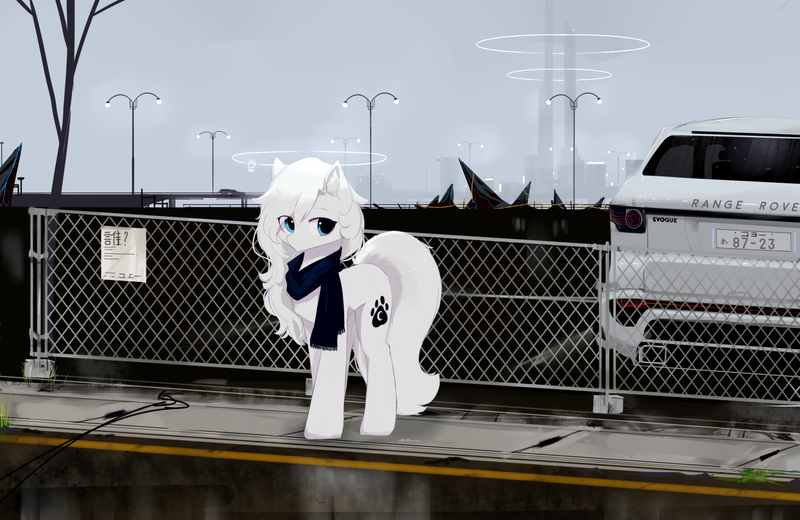 Size: 2000x1300 | Tagged: artist:heddopen, car, clothes, derpibooru import, ear fluff, fence, looking at you, oc, oc:loulou, pure white, range rover, safe, scarf, unofficial characters only