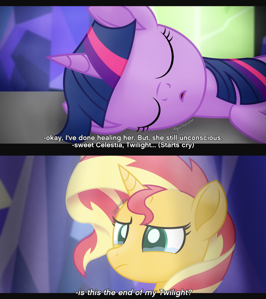 Size: 3120x3510 | Tagged: safe, artist:aryatheeditor, derpibooru import, sci-twi, sunset shimmer, twilight sparkle, unicorn, about to cry, bed, comic, crying, eyes closed, laying on bed, on bed, open mouth, powerful sparkle, sad, sleeping, subtitles, twilight's castle, unconscious