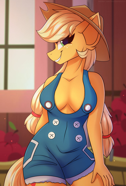 Size: 1350x2000 | Tagged: suggestive, artist:shadowreindeer, derpibooru import, applejack, anthro, earth pony, absolute cleavage, braless, breasts, busty applejack, cleavage, clothes, cute, female, jackabetes, mare, naked overalls, no underwear, overalls, solo, solo female