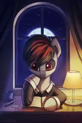 Size: 1024x1536 | Tagged: safe, artist:adagiostring, derpibooru import, oc, bat pony, bat pony oc, bat wings, book, cup, lamp, moon, night, reading, stars, window, wings